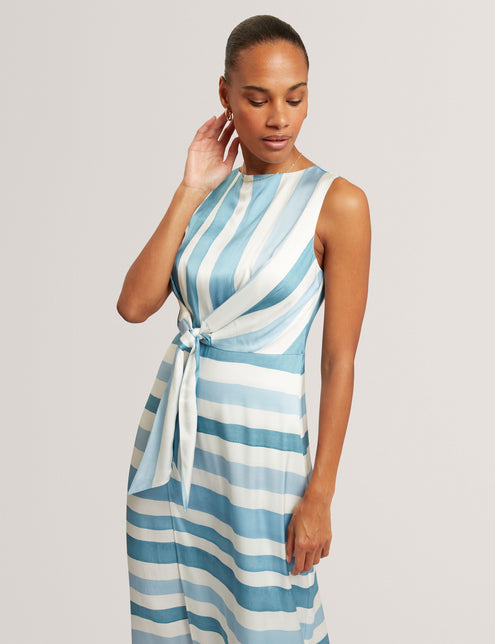 Ted Baker Blue Stripe Tie Front Sleeveless Midi Dress