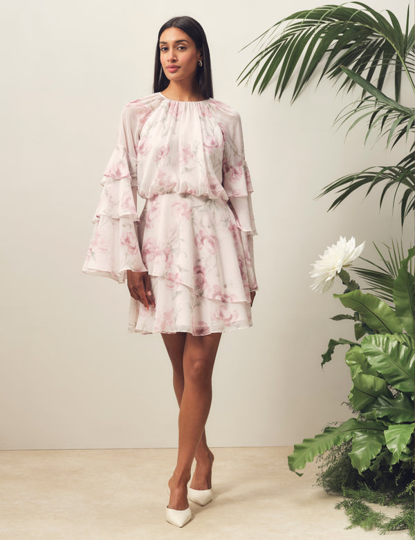 Ted Baker Rose Print Frilled Long Sleeve Mini Dress