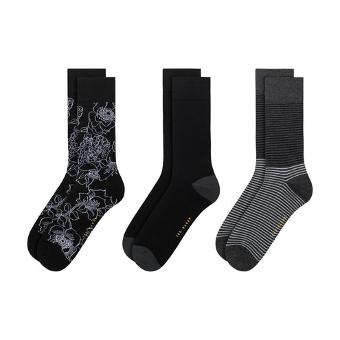 LOT DE 3 PAIRES DE CHAUSSETTES HOMME IMPRIMÉES SANS BOUCLE EN MAILLE RASSE | NOIR