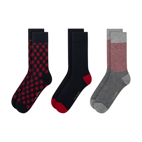 LOT DE 3 PAIRES DE CHAUSSETTES HOMME NON BOUCLÉES IMPRIMÉES | ROUGE