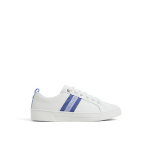 A white sneaker with blue stripes and a contrast color heel trim, featuring a lace-up closure and a branded sole.